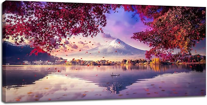 Bogosip Japanese Mountain Lake Wall Art Mount Wall Decor Nature Landscape Pictures Maple Leaves Large Canvas Prints Frame Artwork for Living Room Dining Room Bathroom 60"x30"