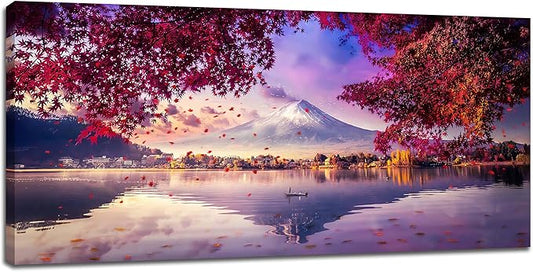 Bogosip Japanese Mountain Lake Wall Art Mount Wall Decor Nature Landscape Pictures Maple Leaves Large Canvas Prints Frame Artwork for Living Room Dining Room Bathroom 60"x30"