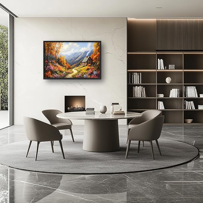 Framed Large Fall Mountain Wall Art for Living Room, Oversized Autumn Wildflower Wall Decor Nature Landscape Canvas Painting Modern Artwork for Living Room Bedroom 36"x24"