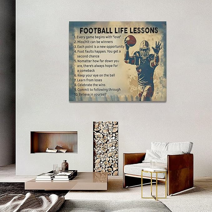 Farmhouse Football Wall Art For Boy Room Rustic Football Life Lessons Wall Decor Retro Football Sign Canvas Painting Artwork Home Decorations for Man Teenager Office Bedroom Living Room 20"x16"
