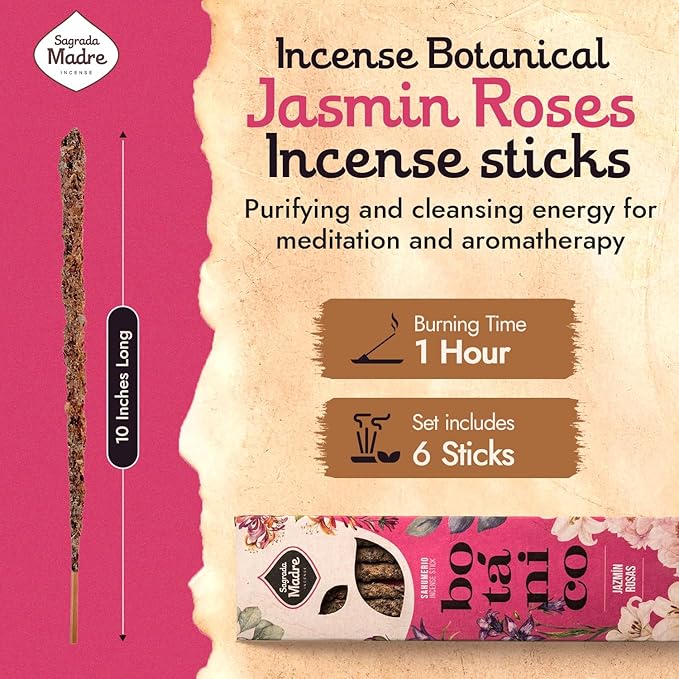Jasmine Incense Sticks - 6 Handmade Extra-Long & Thick Sticks with Essential Oils, Rose Petals & Jasmine for Abundance, Calm & Relaxation - 1 Hour Burn Time