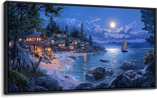 CHATYOUNG Framed Beach Canvas Wall Art, Dark Blue Ocean Moon Night View Wall Pictures Canvas Print Coastal Wall Paintings for Bedroom Living Room Kitchen Home Office Decor 20x40 IN