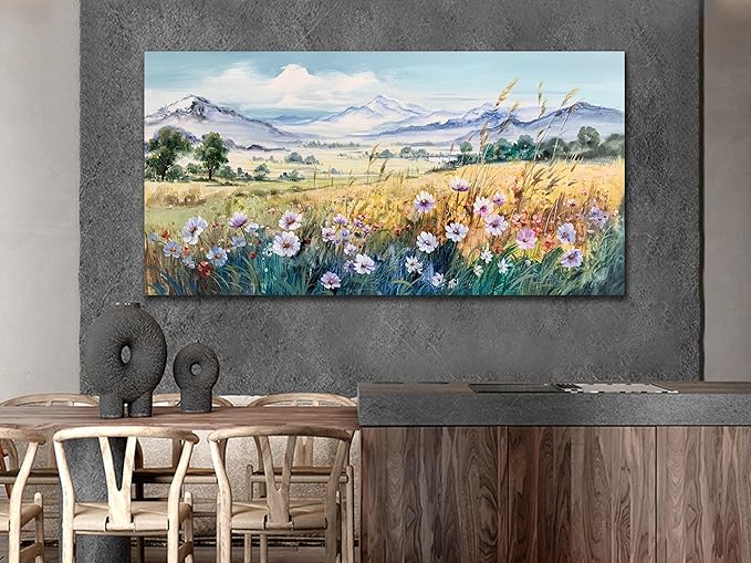 Anolyfi Rustic Farmhouse Canvas Wall Art Large Abstract Wildflower Landscape Painting Florals Mountain Picture, Textured Artwork Framed for Living Room Bedroom Bathroom Office Home Decor 40"x20"