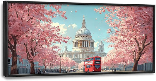 London Paul’s Cathedral Large Wall Art Cityscape Cherry Blossom Pictures Wall Decor Street Scene Canvas Spring Print Painting Modern Artwork Home Decoration for Living Room Bathroom Bedroom Office Framed 60"x30"