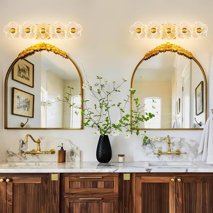 MantoLite Bathroom Light Fixtures Modern Vanity Light Over Mirror Adjustable 3000K-6000K Picture Lights Art Light with Floral Clear Glass Shades for Living Room Bedroom Wall Sconces (5 Light Gold)