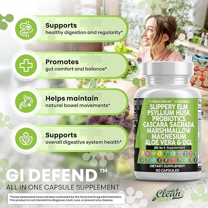 Clean Nutraceuticals Slippery Elm Psyllium Husk Pre Probiotic Digestive Gut Health Supplement with Aloe Vera Cascara Sagrada Marshmallow Root DGL Licorice Senna Extract