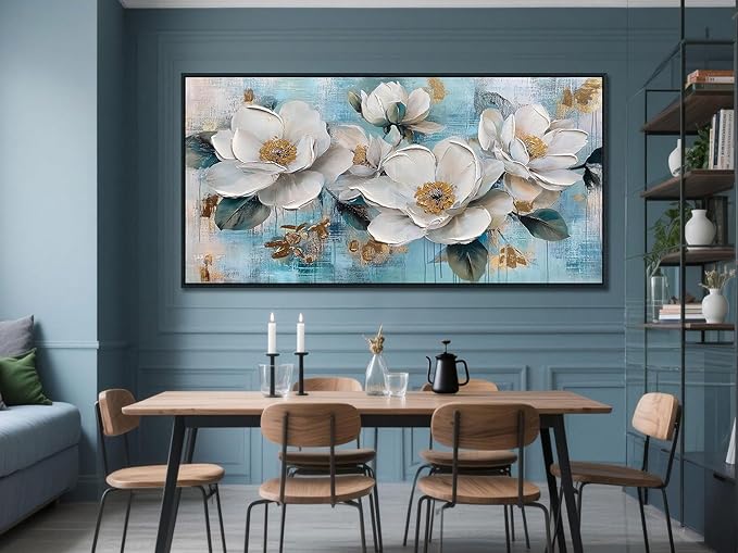 Ardemy Flower Large Wall Art for Living Room，White Gold Floral Canvas Framed Wall Art Painting Artwork Bedroom Picture Wall Decor Home Office 58"x29"
