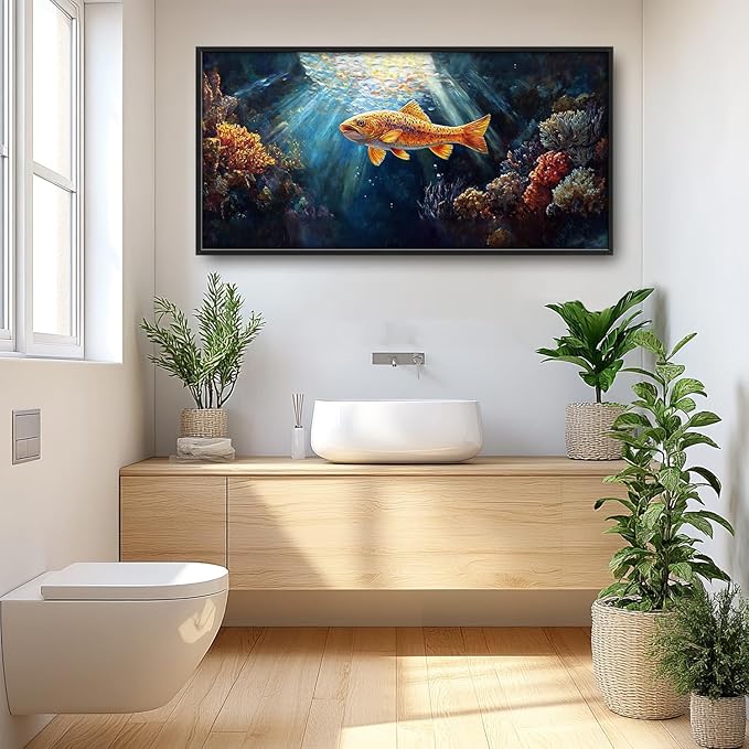 SweetFox Extra Large Ocean Fish Framed Wall Art for Living Room, Coastal Sea Fishing Pictures Oversized Wall Decor Abstract Big Canvas Painting Print Artworks for Bathroom Master Bedroom 60L X 30W