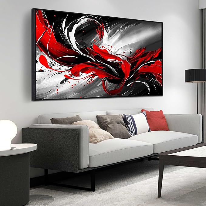 Black White and Red Abstract Print Picture Painting Large Canvas Wall Art for Living Room Bedroom With Black Wood Framed Canvas Wall Decor Modern Room Abstract Wall Decorations Artwork Size 30x60 Ready to Hang