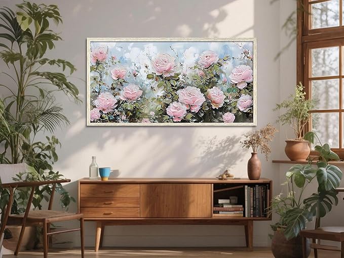 Ardemy Pink Rose Wall Art Canvas for Living Room Flower Painting Modern Textured Floral Bedroom Picture Artwork Framed Home Office Kitchen Decor, Large 40"x20"