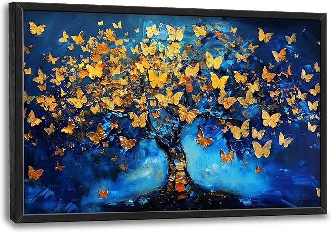 Blue Canvas Wall Art Golden Butterfly Tree Pictures Wall Decor Above Bed Framed Artwork Paintings Home Office Decorations for Living Room Bedroom Dinning Room Kitchen 36"x24"