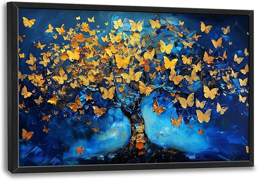 Blue Canvas Wall Art Golden Butterfly Tree Pictures Wall Decor Above Bed Framed Artwork Paintings Home Office Decorations for Living Room Bedroom Dinning Room Kitchen 36"x24"