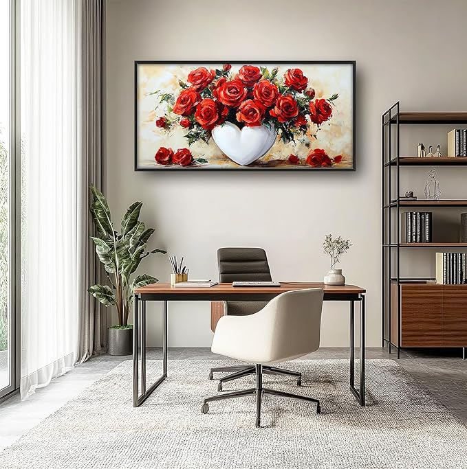 Rose Wall Art Red Flower Pictures Wall Decor Romantic Roses Large Master Over Above Bed Canvas Red Roses Prints Horizontal Modern Artwork Painting Home Office Decorations For Kitchen Bedroom 30"x60"