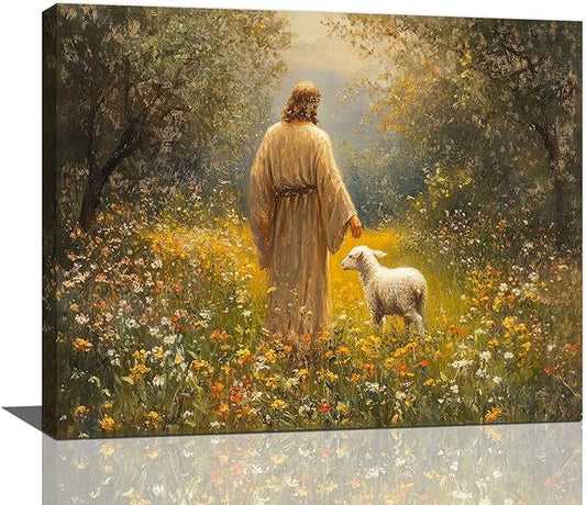 Olivine Christian Wall Art, Jesus Pictures Wall Decor, Lamb Painting, The Lost Sheep Canvas Prints, Framed Artwork for Kitchen Bathroom Bedroom Living Room Office Home Decoration 20"x16"