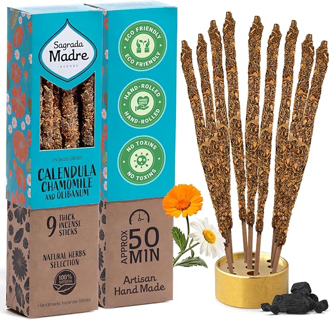 Chamomile Incense Sticks - 9 Extra Long Rods for Abundance, Peace, Love & Protection - Infused with Natural Calendula, Frankincense & Essential Oils - 50-Minute Burn Time for Meditation