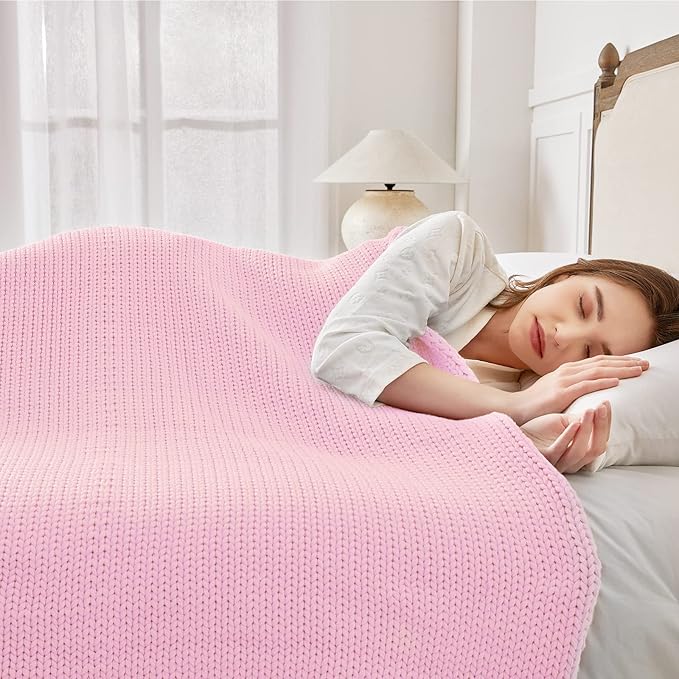 Guohaoi Knitted Weighted Blanket Kids (Pink 50"x60" 7lbs) No Beads Cooling Heavy Blanket, Home Decor Breathable Chunky Knit Throw Blanket for All-Season Use