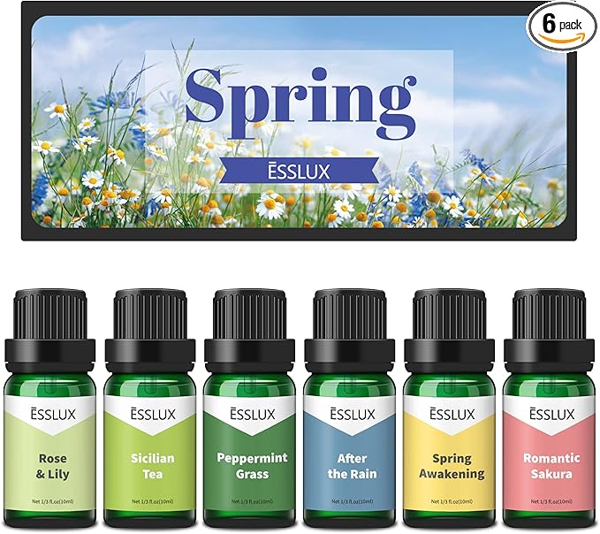 Spring Fragrance Oils, ESSLUX Premium Scented Oils for Home Diffuser, Soap Candle Making Scents, Refreshing Aromatherapy Essential Oil Gift Set, Rose & Lily, Peppermint Grass and More