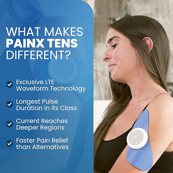 PainX TENS Wireless Tens Unit Muscle Stimulator with EMS - FSA Tens Unit for Back Pain, Knee, Neck and Face with USB Rechargeable Device and Remote, Designed in USA, 4 Electrode Pads
