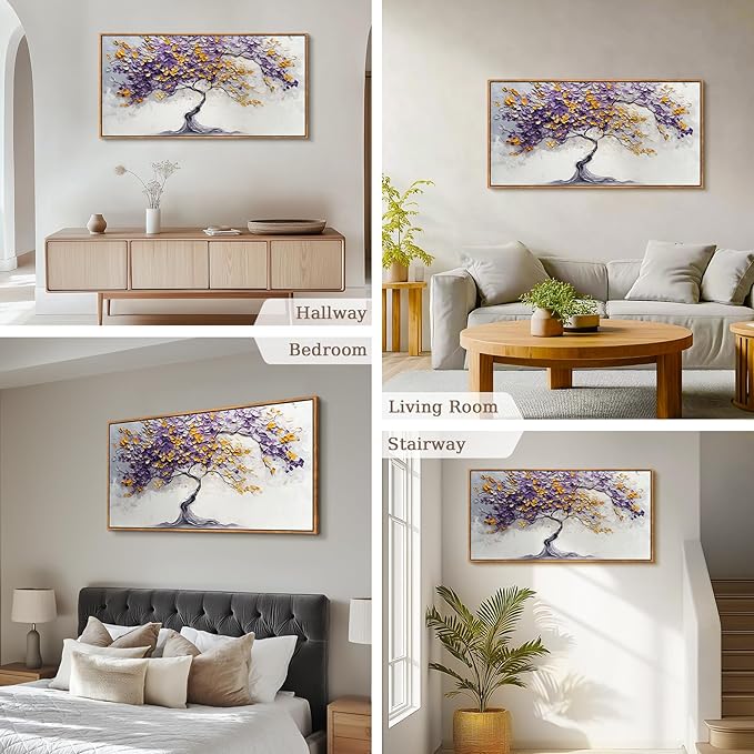 crmotu Tree of Life Framed Wall Art Large Artwork, Purple Gold Tree Abstract Art Prints, Nature Plant Aesthetic Canvas Art Wall Decor Living Room Bedroom, Zen Spiritual Home Decor Paintings 24x48inch