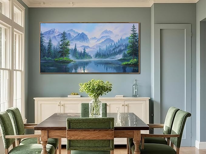 Ardemy Landscape Wall Art Canvas for Living Room Mountain Lake Nature Bedroom Painting Textured Misty Forest Scenery Picture Green Blue Artwork Home Office Decor, Wood Framed Large 40"x20"