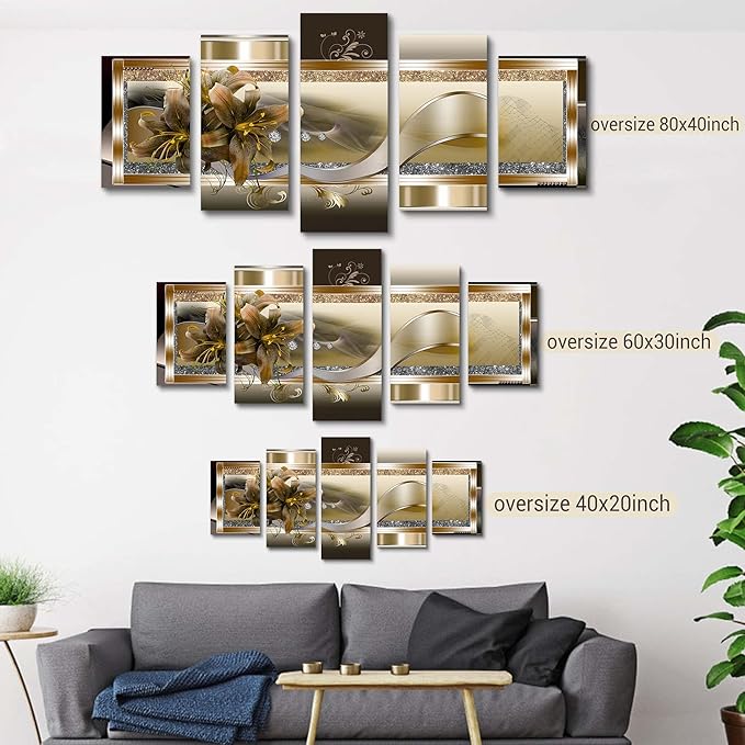 5 Panel Yellow Orchid Flowers Canvas Print - Abstract Golden Floral Wall Decor Poster, 5 pieces Wall Art Painting Decor for Home Decoration Artwork Picture Bedroom Wall Decor (D,Oversize 60x30inch)