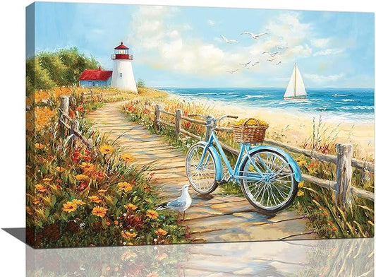 Olivine Coastal Wall Art, Beach Bicycle Pictures Wall Decor, Lighthouse Painting, Ocean Seascape Canvas Prints, Framed Artwork for Living Room Bedroom Bathroom Kitchen Office Home Decoration 24"x16"