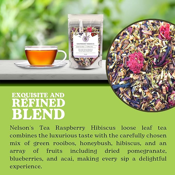 Nelson's Tea Raspberry Hibiscus Tea - Caffeine Free, Cut & Sifted Green Rooibos, Honeybush, Dried Raspberries, Acai, and Pomegranate Loose Leaf (Sample)