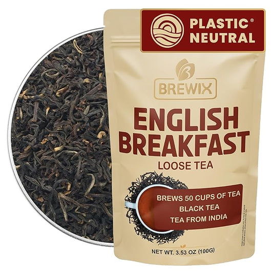 BREWIX, English Breakfast Black Tea Leaves (50+ Cups, 3.53oz/100g) Gluten Free | Strong, Robust & Aromatic | High Caffeine Loose Leaf