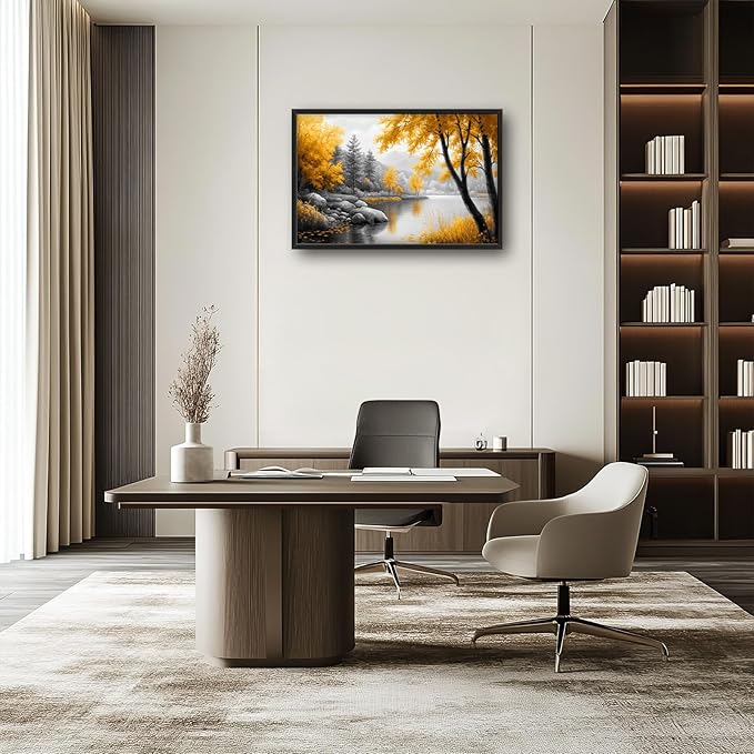Framed Large Fall Tree Wall Art for Living Room, Oversized Zen Trees Wall Decor, Black and Golden Forest Canvas Pictures Home Decoration for Living Room Bedroom Office 36"x24"