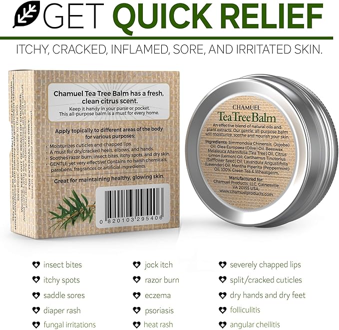 Tea Tree Oil Balm- All Natural | Great Cream for Soothing Eczema, Cracked Foot, Rashes, Jock Itch, Bug Bites, Folliculitis, Acne, Itchy Skin, Cuticles, Psoriasis, Saddle Sores- For Women & Men, 2-Pack