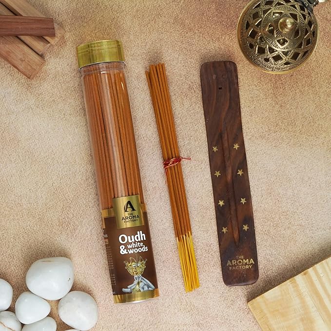 The Aroma Factory Organic Incense Sticks Oudh & White Woods (Herbal Oud Agarbatti for Pooja) 0% Charcoal, 0% Sulphates, 1 x 100g Bottle