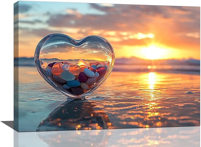 Fleruku Beach Sunset Wall Art Ocean Coastline Wall Decor Natural Scenery Pictures Canvas Painting Artwork Home Decorations for Living Room Bedroom Bathroom Office 24"x16"
