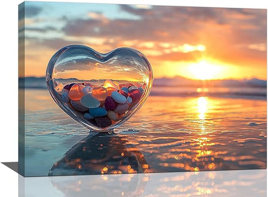 Fleruku Beach Sunset Wall Art Ocean Coastline Wall Decor Natural Scenery Pictures Canvas Painting Artwork Home Decorations for Living Room Bedroom Bathroom Office 24"x16"