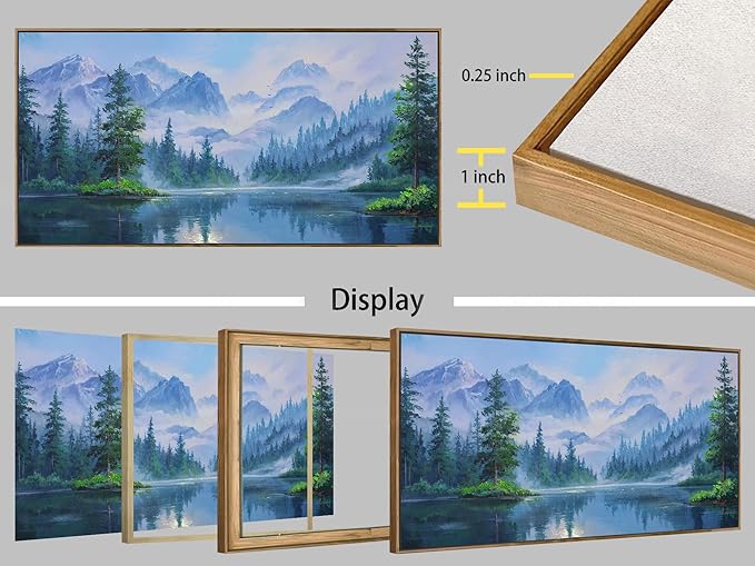 Ardemy Landscape Wall Art Canvas for Living Room Mountain Lake Nature Bedroom Painting Textured Misty Forest Scenery Picture Green Blue Artwork Home Office Decor, Wood Framed Large 40"x20"
