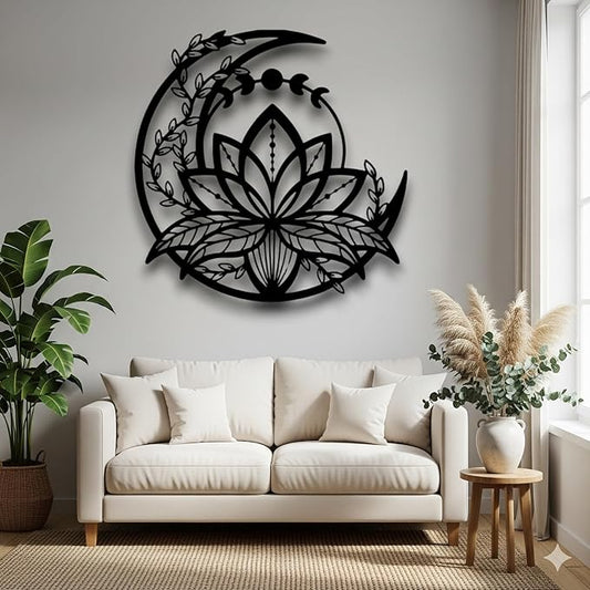 GOWPENART Moon and Lotus Metal Wall Art – Modern Boho Wall Decor, Large Mandala Style Metal Wall Hanging for Living Room, Bedroom, Meditation and Home Decoration (Black)