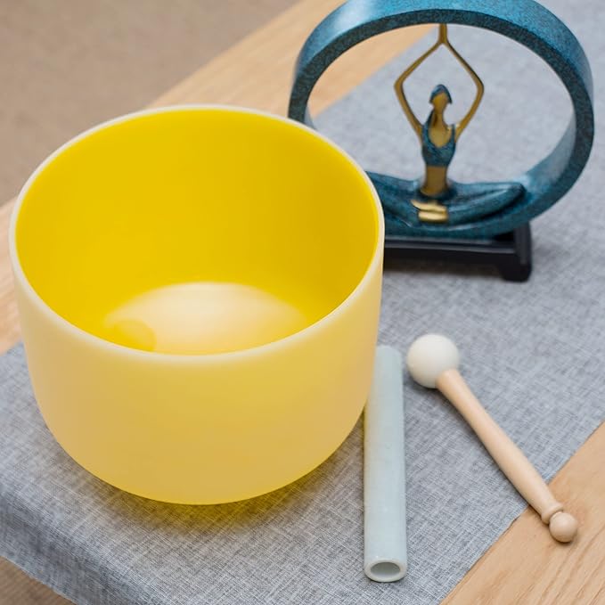 Leize Quartz Crystal Singing Bowl 432hz E Note Solar Plexus Chakra Yellow 10" with Suede Striker