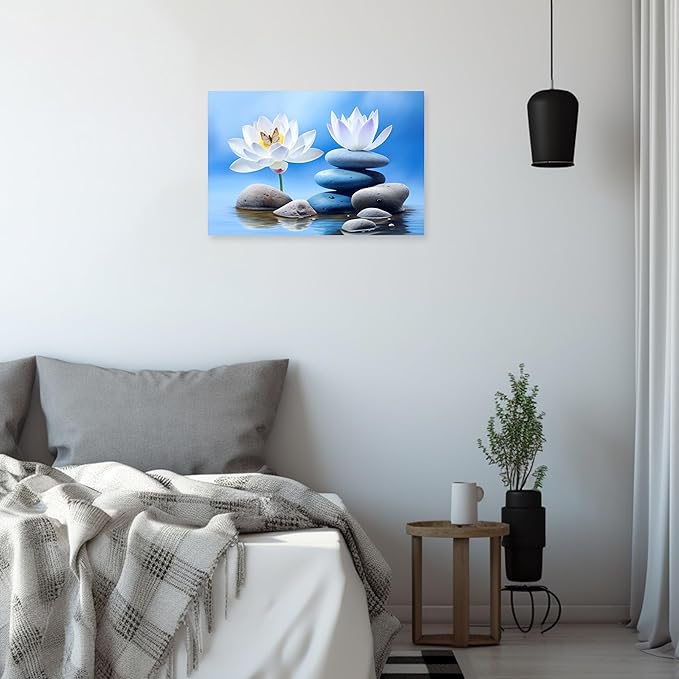 ARTZGX Zen Canvas Wall Art for Bathroom Lotus Pictures Blue Spa Stone Painting Butterfly Flower Artwork for Yoga Decor Frame(Zen - B 16.00" x 24.00")