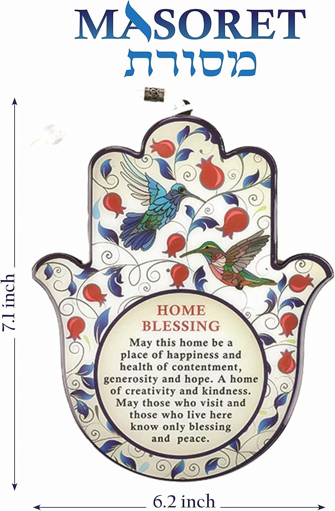 Epoxy Hamsa English Home Blessing 7.5" with Red Pomegranates Motif - Good Luck Hamsa Hand Wall Hanging Decor, Evil Eye Protection Amulet