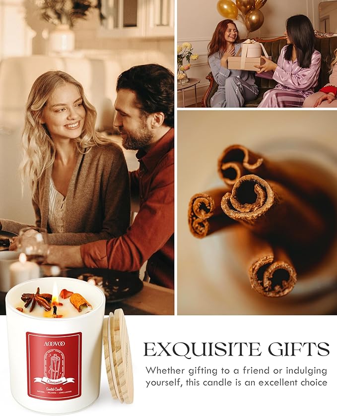 AOOVOO Apple Cinnamon Scented Candles for Women - Aromatherapy Candle with Crystals Inside, 10oz Soy Candles for Home Scented, Birthday Gifts Candle for Women Mom