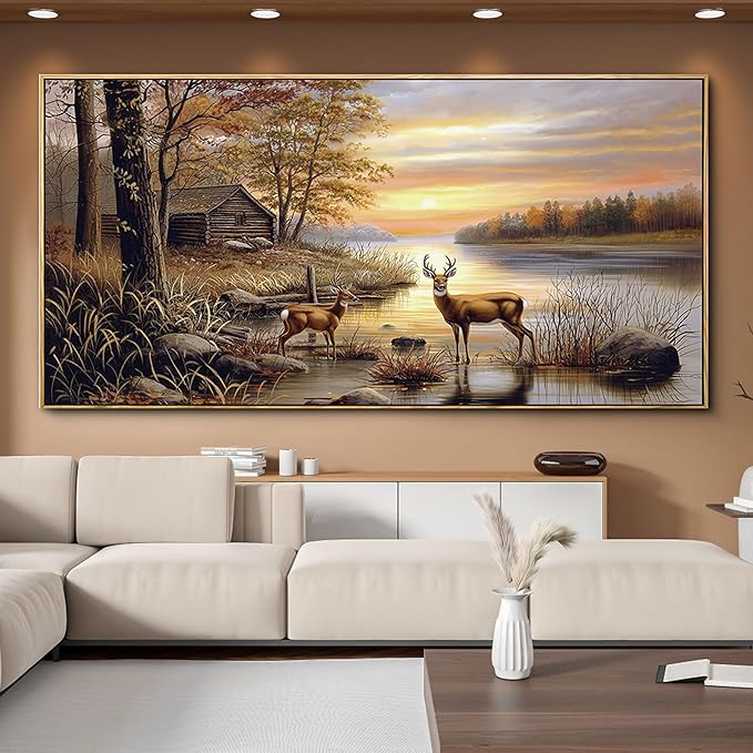 yiijeah Deer Pictures Wall Decor - Autumn Rustic Forest Cabin Painting Prints Wildlife Pictures Animal Elk Poster Oversize Canvas Wall Art Modern Hunting Decor Framed Artwork for Walls