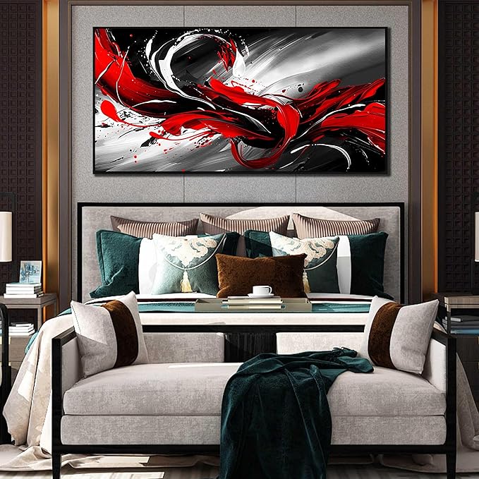 Black White and Red Abstract Print Picture Painting Large Canvas Wall Art for Living Room Bedroom With Black Wood Framed Canvas Wall Decor Modern Room Abstract Wall Decorations Artwork Size 30x60 Ready to Hang