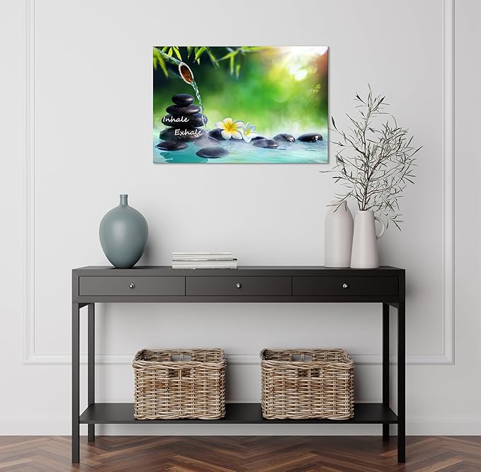 YIOZHAOFH Spa Canvas Print Art Nature Zen Painting Relaxing Bathroom Wall Art Decor White Lotus Pictures Framed Artwork Inhale Exhale Poster Office Decor for Spa Room Bedroom (20L x 30W)