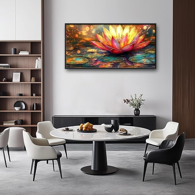 Framed Large Lotus Wall Art for Living Room, Oversized Zen Lotus Flower Wall Decor Golden Floral Canvas Painting Modern Artwork Home Decoration for Living Room Bedroom Office 60"x30"
