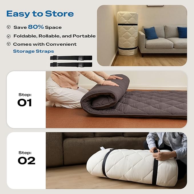 Japanese Floor Futon Mattress, Roll Up Tatami Mat, Sleeping Pad, Shikibuton, CertiPUR-US Certified Foam Floor Mattress for Bed Sleeping, Dormitory, Guest Bed, Designed in Japan(Grey, Full)