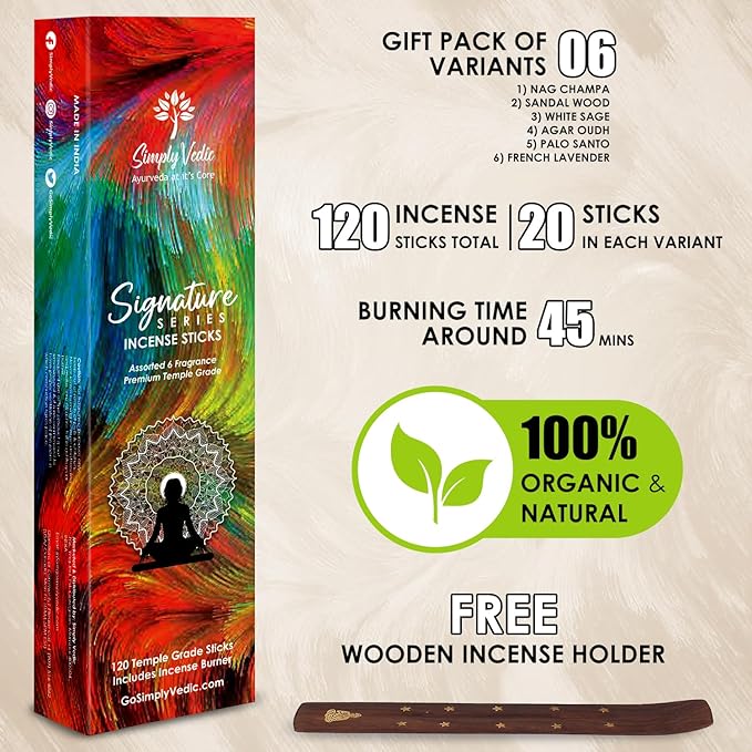 Signature Incense Sticks Gift Set | 120 Natural Hand-Rolled Non-Toxic Agarbatti with Holder | Sandalwood, Nag Champa, Oudh, Palo Santo, Lavender, Sag | Aromatherapy Meditation Pooja Home