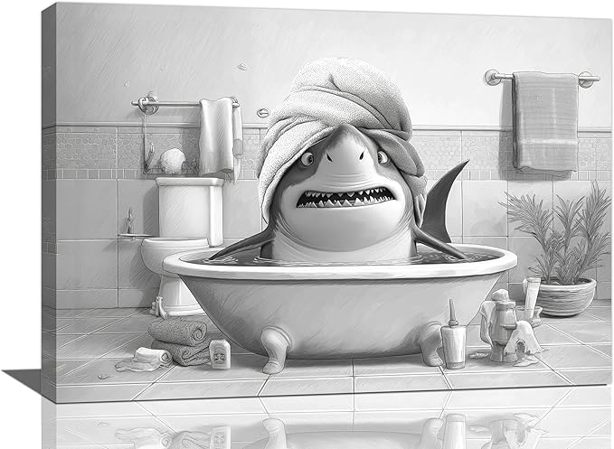 Funny Shark Bathroom Decor Wall Art Black and White Bathroom Pictures Painting Canvas Framed Toilet Humor Artwork Restroom Home Decoration Gifts for Women Girl 16"x24"