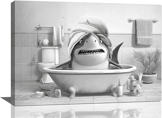 Funny Shark Bathroom Decor Wall Art Black and White Bathroom Pictures Painting Canvas Framed Toilet Humor Artwork Restroom Home Decoration Gifts for Women Girl 16"x24"
