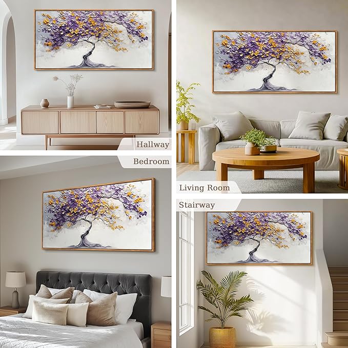 crmotu Tree of Life Large Framed Wall Art, Purple Tree Abstract Art Wall Decor, Modern Neutral Plant Canvas Prints, Minimalist Wall Pictures for Living Room Bedroom Yoga Office Decorations 30x60inch