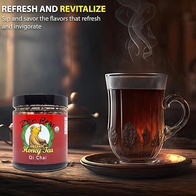 Zen Bear Organic Qi Chai Honey Tea - Rich India-Inspired Flavor Infused with Premium Black Tea, Cinnamon, Cardamom, Cloves, and Black Pepper, Sweetened Naturally with Raw Honey | 10 Oz Jar