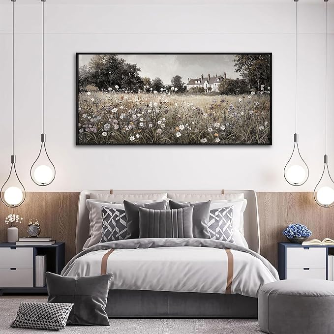 yiijeah Large Paintings for Living Room - Vintage Landscape Nursery Flower Framed Prints Canvas Country Decor Living Room Picture for Bedroom Office Home Decoration Horizontal Wall Art